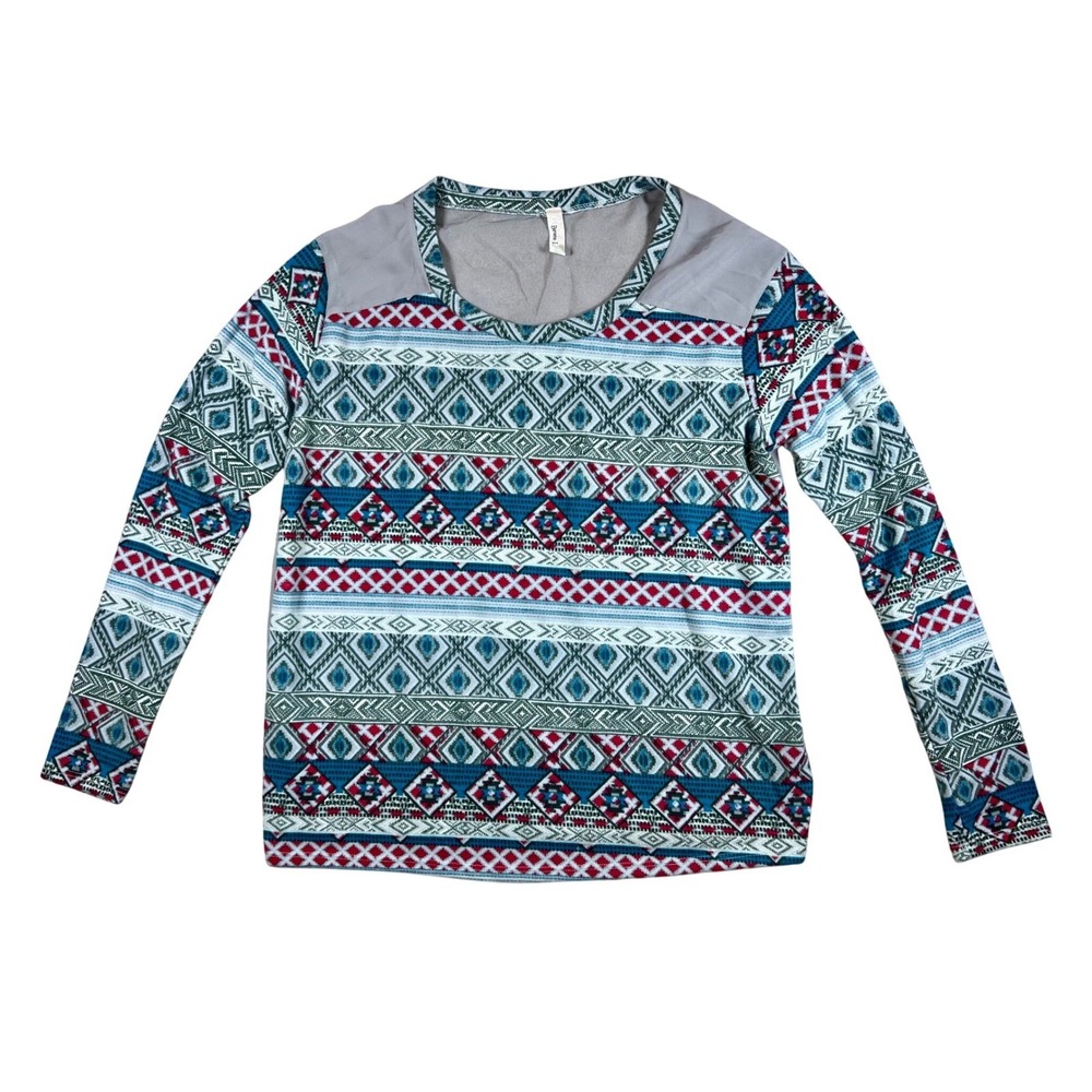Banana Lemon BOHO Tribal Print Long Sleeve‎ Top Teal Red Women's Medium Sheer